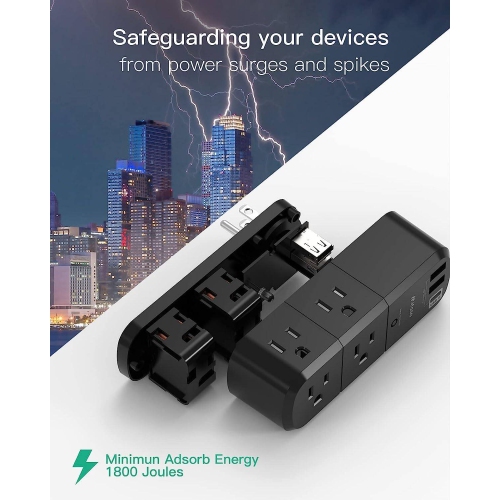 USB Outlet Extender Surge Protector with Rotating Plug, 6 AC Multi Plug Outlet and 3 USB Ports, 3-Sided Swivel Power Strip with Spaced Outlet