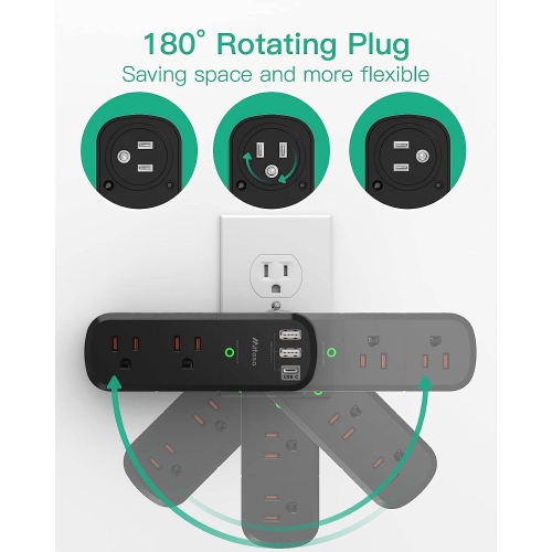 USB Outlet Extender Surge Protector with Rotating Plug, 6 AC Multi Plug Outlet and 3 USB Ports, 3-Sided Swivel Power Strip with Spaced Outlet