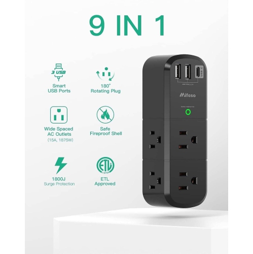 USB Outlet Extender Surge Protector with Rotating Plug, 6 AC Multi Plug Outlet and 3 USB Ports, 3-Sided Swivel Power Strip with Spaced Outlet