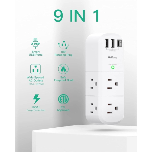 USB Outlet Extender Surge Protector with Rotating Plug, 6 AC Multi Plug Outlet and 3 USB Ports, 3-Sided Swivel Power Strip with Spaced Outlet