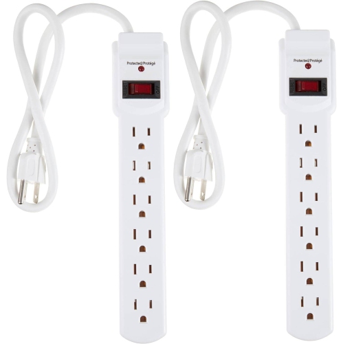 Image 1 of 4.. 6-Outlet Surge Protector Power Strip 2-Pack, 2-Foot Long Cord, 200 Joule, White