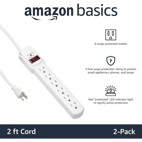 6-Outlet Surge Protector Power Strip 2-Pack, 2-Foot Long Cord, 200 Joule, White