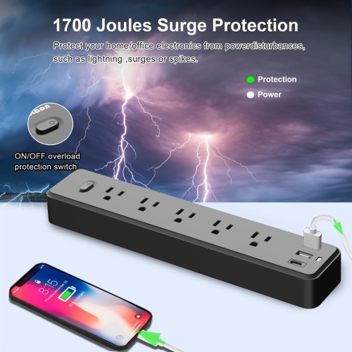 6ft Power Strip with 5 Widely-Spaced Outlets 3 USB Ports(1 USB c) Heavy-Duty Extension Cords Flat Plug Wall Mount