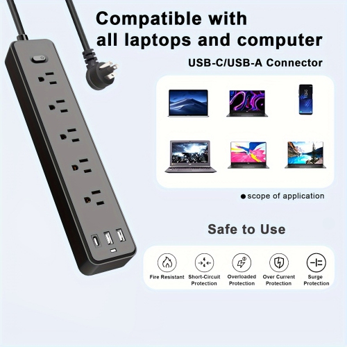 6ft Power Strip with 5 Widely-Spaced Outlets 3 USB Ports(1 USB c) Heavy-Duty Extension Cords Flat Plug Wall Mount
