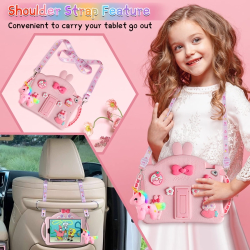 IPad 6th 5th Generation Case Kids, iPad 9.7 Case with Kickstand/Lanyard/Keychain/Handle for Girls, Cute Rabbit Soft Silicone Shockproof Tablet