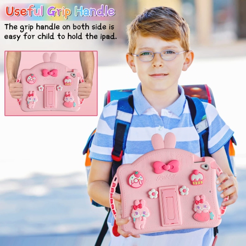 IPad 6th 5th Generation Case Kids, iPad 9.7 Case with Kickstand/Lanyard/Keychain/Handle for Girls, Cute Rabbit Soft Silicone Shockproof Tablet