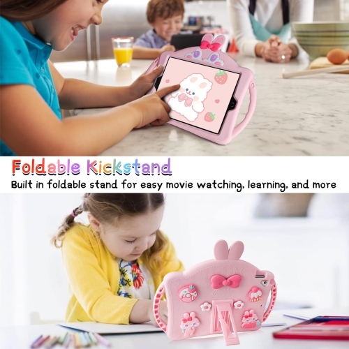 IPad 6th 5th Generation Case Kids, iPad 9.7 Case with Kickstand/Lanyard/Keychain/Handle for Girls, Cute Rabbit Soft Silicone Shockproof Tablet
