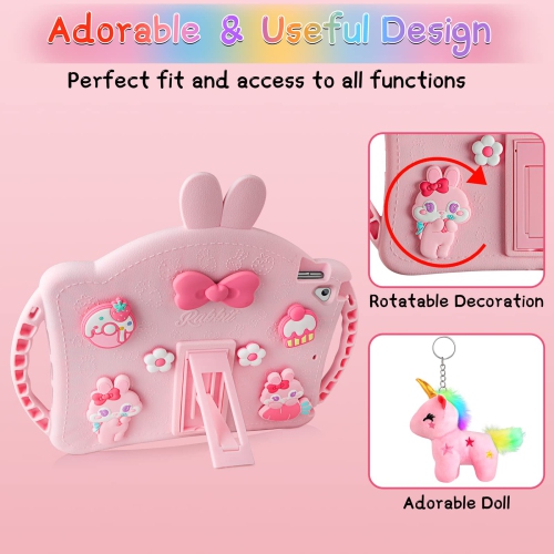 IPad 6th 5th Generation Case Kids, iPad 9.7 Case with Kickstand/Lanyard/Keychain/Handle for Girls, Cute Rabbit Soft Silicone Shockproof Tablet