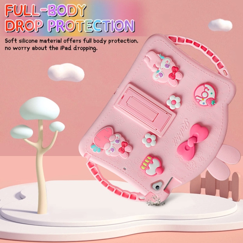 IPad 6th 5th Generation Case Kids, iPad 9.7 Case with Kickstand/Lanyard/Keychain/Handle for Girls, Cute Rabbit Soft Silicone Shockproof Tablet