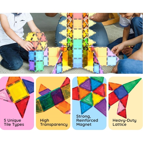 Magnetic Tiles 60pcs Kids Toys, Classroom Sensory Toy for Toddlers, STEM Learning Building Blocks, Montessori Pretend Play Magnet Tile Construction