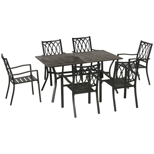 OUTSUNNY  7 Pieces Patio Dining Set for 6 With Stackable Chairs, Outdoor Table And Chairs With Wood Grain Top, for Garden, Backyard, Porch In Brown