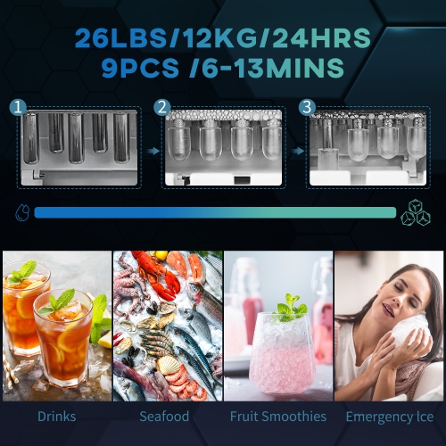 HOMCOM Countertop Ice Maker Machine with Handle, 9 Cubes Ready in 6 Mins, 26 lbs in 24 Hours, Self Cleaning Ice Maker with Ice Scoop, Basket, 1.3L