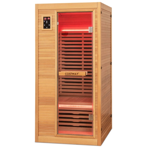 Salle de sauna en bois à infrarouge pour 1&nbsp;personnes avec haut-parleurs Bluetooth et 9 radiateurs au carbone de Costway