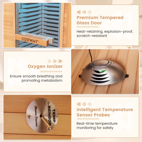 Salle de sauna en bois à infrarouge pour 1&nbsp;personnes avec haut-parleurs Bluetooth et 9 radiateurs au carbone de Costway