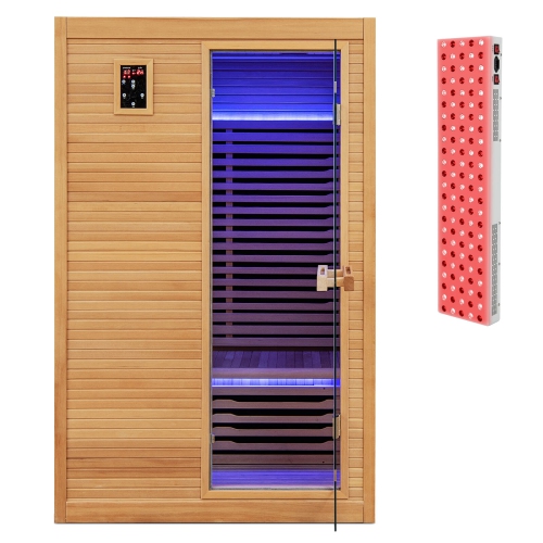 Costway 2 People Far Infrared Wooden Sauna Room with Bluetooth Speakers 4 Light Strips Free Red Light Therapy