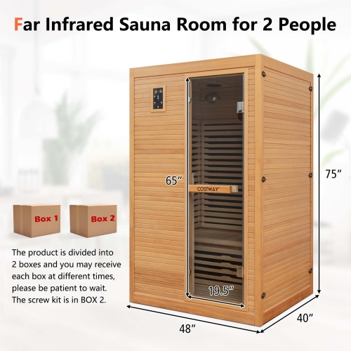 Costway 2 People Far Infrared Wooden Sauna Room with Bluetooth Speakers 4 Light Strips Free Red Light Therapy