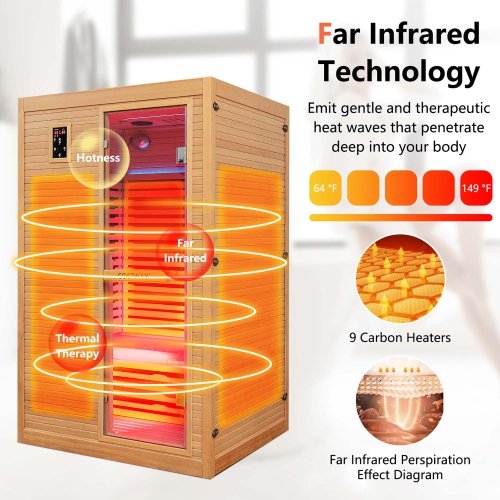 Costway 2 People Far Infrared Wooden Sauna Room with Bluetooth Speakers 4 Light Strips Free Red Light Therapy