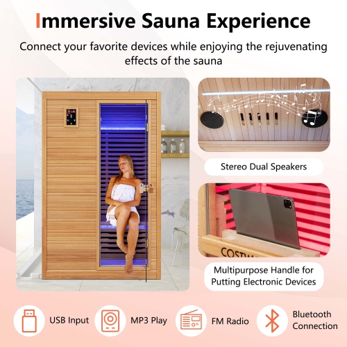 Costway 2 People Far Infrared Wooden Sauna Room with Bluetooth Speakers 4 Light Strips Free Red Light Therapy