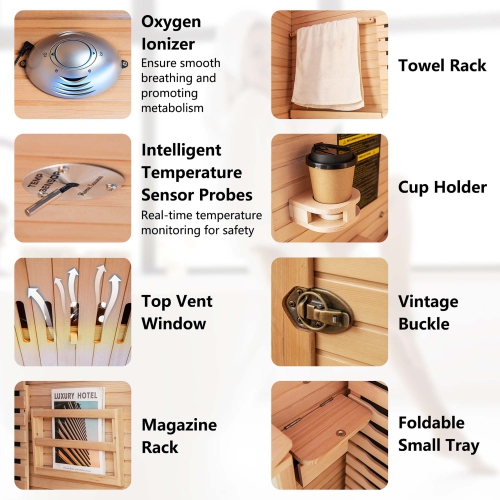 Costway 2 People Far Infrared Wooden Sauna Room with Bluetooth Speakers 4 Light Strips Free Red Light Therapy