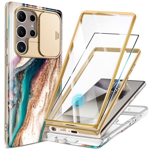 Samsung Galaxy S24 Ultra Case with Slide Camera Cover+Screen Protector, 2 Front Frames 360° Armor Fullbody Shockproof Bumper Protective Marble Case