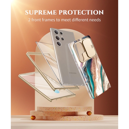 Samsung Galaxy S24 Ultra Case with Slide Camera Cover+Screen Protector, 2 Front Frames 360° Armor Fullbody Shockproof Bumper Protective Marble Case