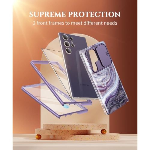 Samsung Galaxy S24 Ultra Case with Slide Camera Cover+Screen Protector, 2 Front Frames 360° Armor Fullbody Shockproof Bumper Protective Marble Case