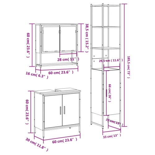 Ensemble de 3 meubles de salle de bain en bois d'ingénierie de chêne fumé vidaXL