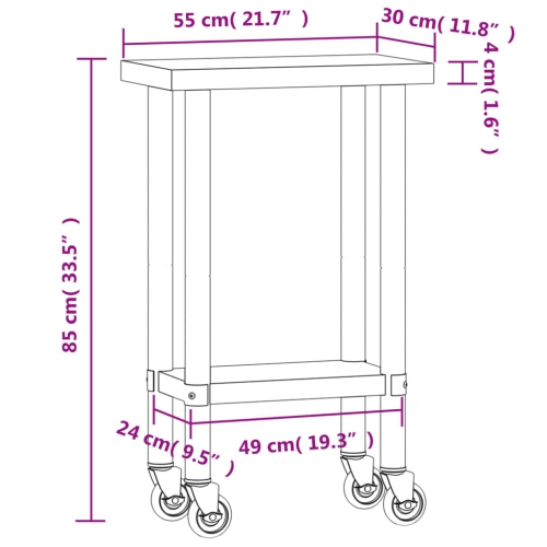 Table de travail de cuisine avec roulettes 55 x 30 x 30 po en acier inoxydable 85 cm de vidaXL