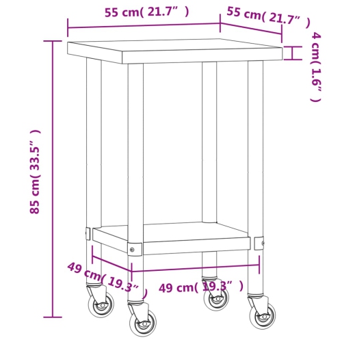 Table de travail de cuisine avec roulettes 55x55x85 cm en acier inoxydable