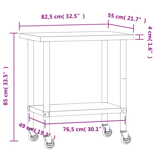 Table de travail de cuisine avec roulettes 82.5x55x85 cm en acier inoxydable