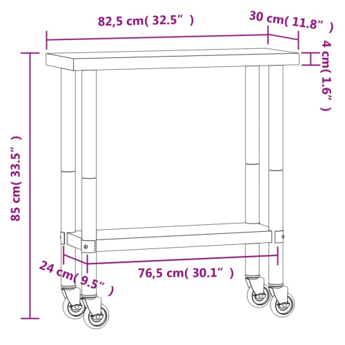 Table de travail de cuisine avec roulettes 82.5x30 x 85 cm en acier inoxydable