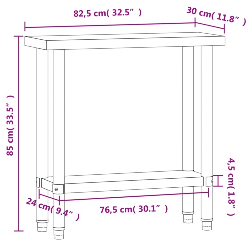 Table de travail de cuisine 82,5x30 x 85 cm en acier inoxydable de vidaXL