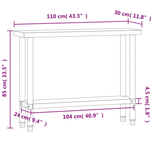 Table de travail de cuisine VIdaXL 110 x 30 x 30 po en acier inoxydable 85 cm