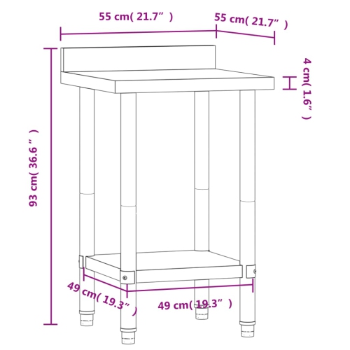 Table de travail de cuisine avec dosseret 55x55x93 cm en acier inoxydable