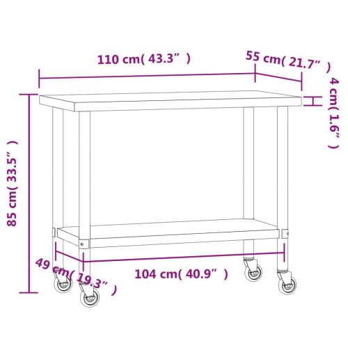 Table de travail de cuisine avec roulettes 110 x 55 x 85 cm en acier inoxydable