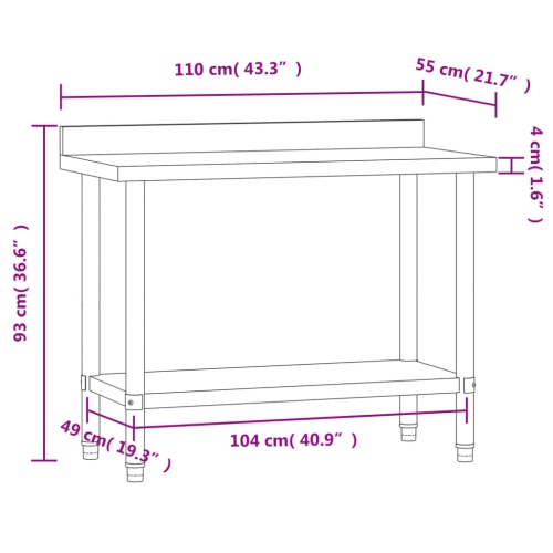 Table de travail de cuisine avec dosseret 110x55x93 cm acier inoxydable