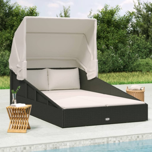 vidaXL Sunbed with Foldable Roof Black 200x114x128 cm Poly Rattan