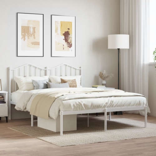 VIDAXL  Metal Bed Frame Without Mattress With Headboard White 150X200 Cm King Size