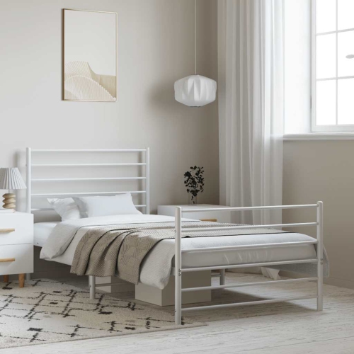 vidaXL White Twin XL Metal Bed Frame with Headboard & Slats, No Mattress, Easy Assembly