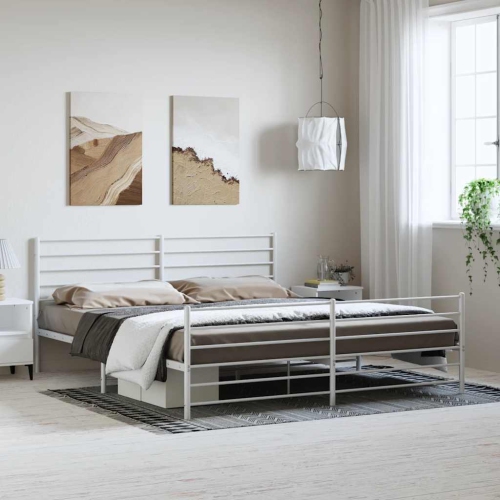 vidaXL White California King Metal Bed Frame with Headboard & Slats, No Mattress, Easy Assembly