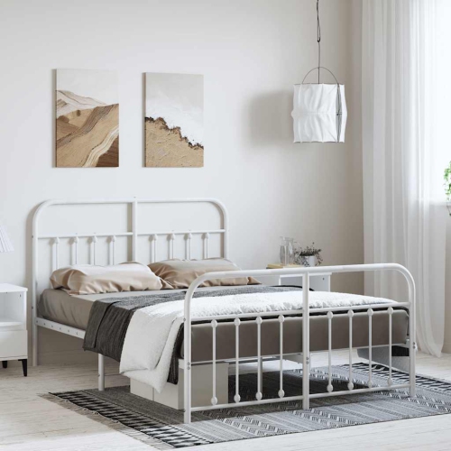 VidaXL – Cadre de lit double en métal blanc avec tête de lit et lattes, sans matelas, assemblage facile