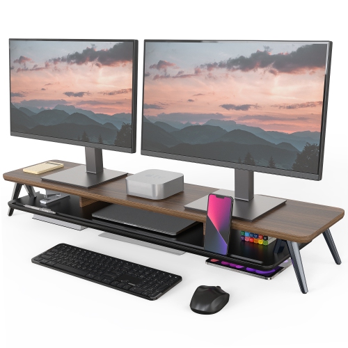 FENGE  Dual Monitor Stand, Monitor Stands Riser for 2 Monitors, 42.5 Inch Wood Desk Shelf \w Storage Organizer And Cable Management for Office Desk