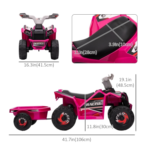 Aosom 6V Kids ATV Quad, Battery Powered Electric Vehicle for Kids with Back Trailer, Wear-resistant Wheels, for Boys and Girls - Pink