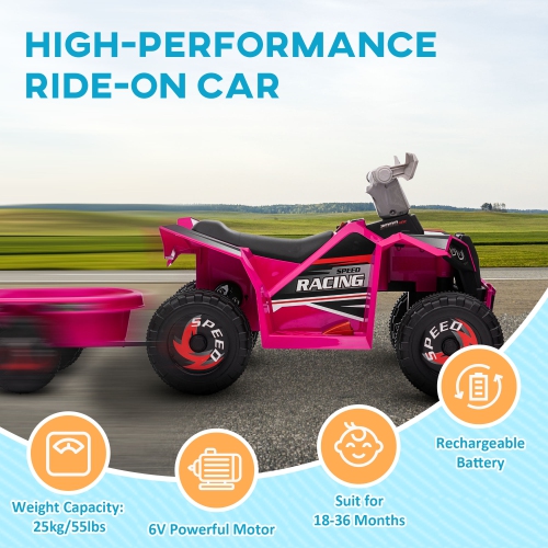 Aosom 6V Kids ATV Quad, Battery Powered Electric Vehicle for Kids with Back Trailer, Wear-resistant Wheels, for Boys and Girls - Pink