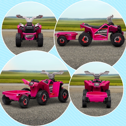 Aosom 6V Kids ATV Quad, Battery Powered Electric Vehicle for Kids with Back Trailer, Wear-resistant Wheels, for Boys and Girls - Pink