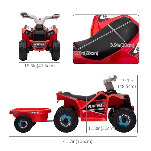 Aosom 6V Kids ATV Quad, Battery Powered Electric Vehicle for Kids with Back Trailer, Wear-resistant Wheels, for Boys and Girls - Red