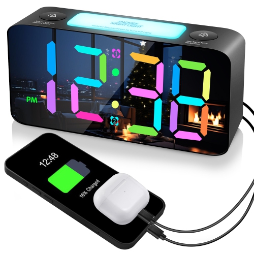 HLD  RGB Mirror Alarm Clock for Bedroom, 15-Color Mode/7" Large Led Display/3 Dimmer + Off, 7 Color Nightlight, 2 USB Phone Charger, 5-Level Loud