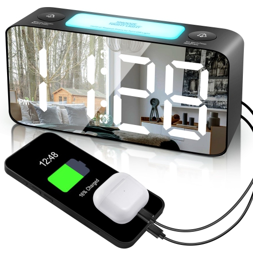 HLD  Digital Mirror Alarm Clock 7 Colored Nightlight 7" Screen & 4 Level Brightness+Off, Dual Alarm+5 Volume, 2 Phone Charger Ports, Easy to Set