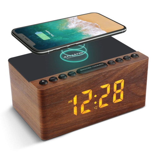 Radio-réveil FM numérique en bois, station de chargement sans fil rapide 10&nbsp;W pour iPhone/Galaxy de Samsung, gradateur à 5 niveaux, port de char