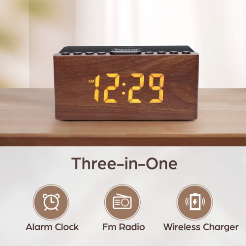 Wooden Digital Alarm Clock FM Radio,10W Fast Wireless Charger Station for iPhone/Samsung Galaxy,5 Level Dimmer,USB Charging Port,2 Wood LED Clock